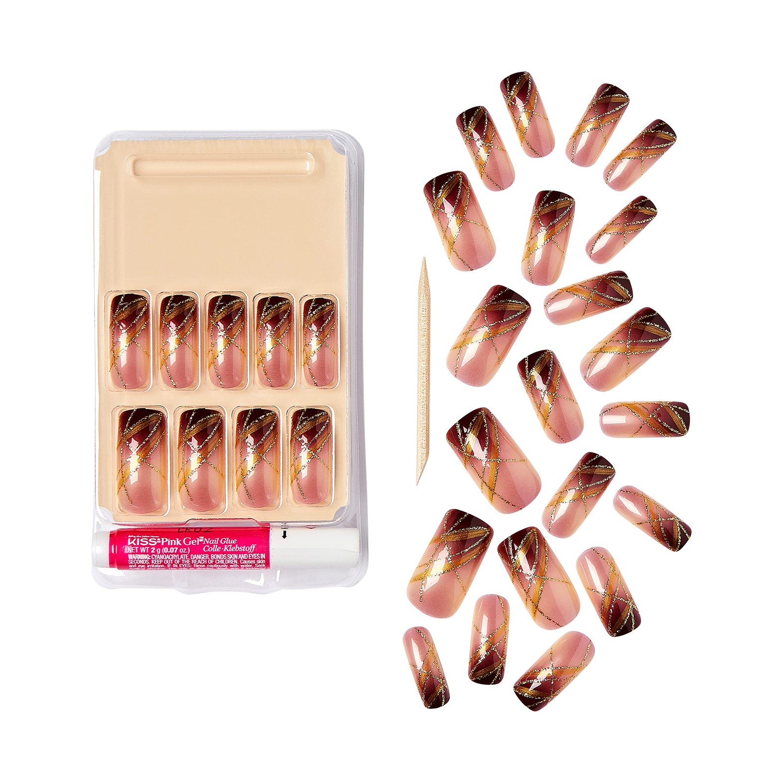 Gold Finger Gel Glam Press on Nail Dark Brown Glitter 26 Piece Set, Gold,Pink