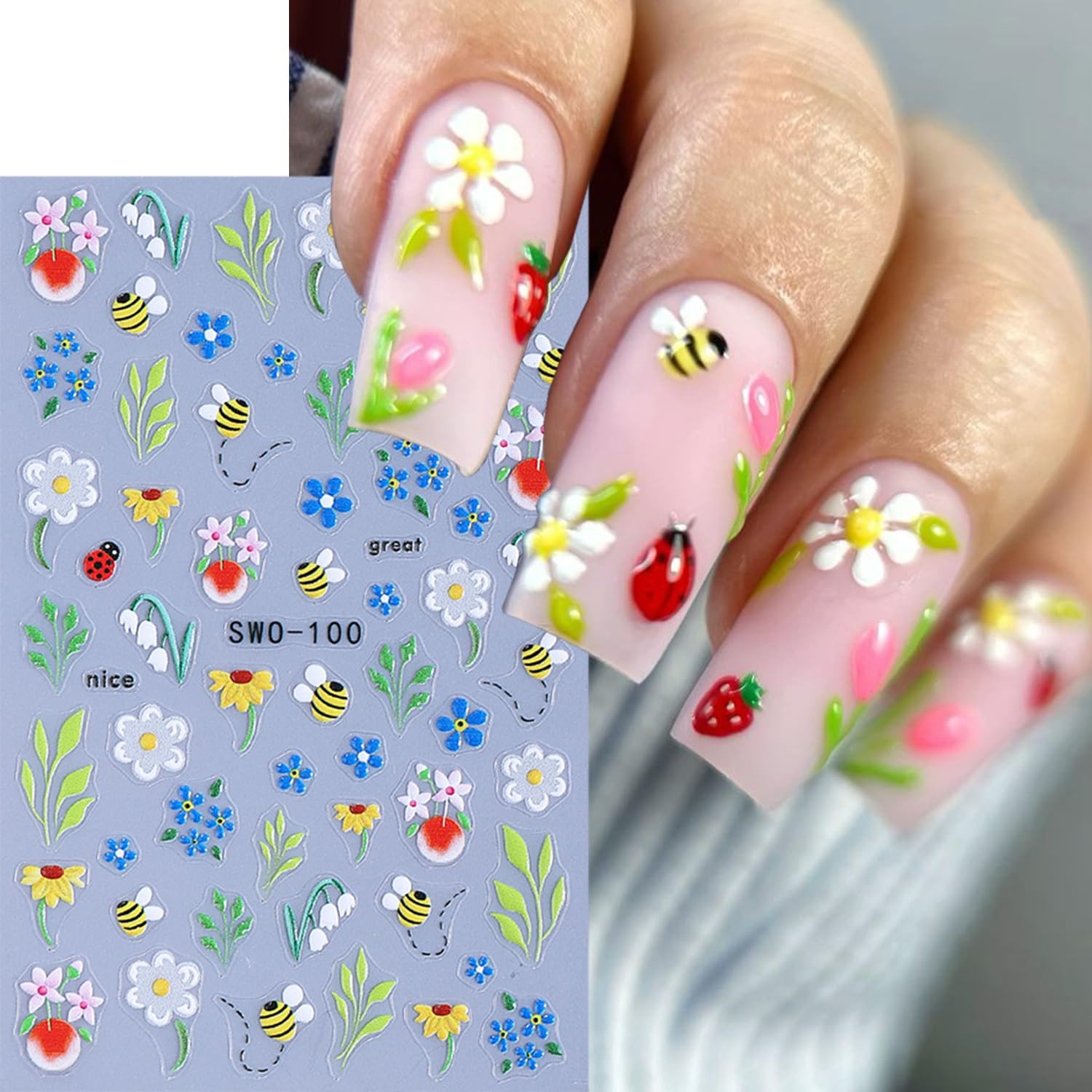 2 Sheets Embossed Fruit Nail Stickers for Nail Art Self-Adhesive Cherry 5D Na…