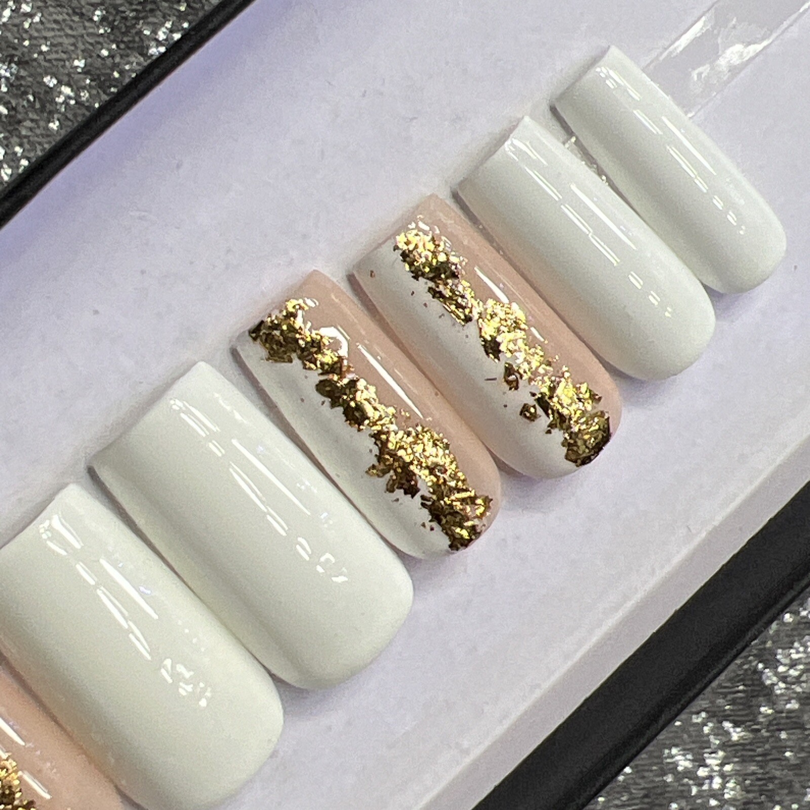 🤍 CUSTOM Gel Press On Nails, White Gold Flakes 10p FULL SET W Kit Square M