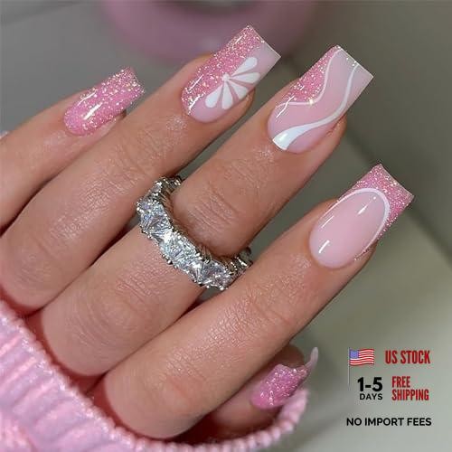 Hot Pink Fake Nails – Medium Hot Pink Glitter Square Press Nails – 22