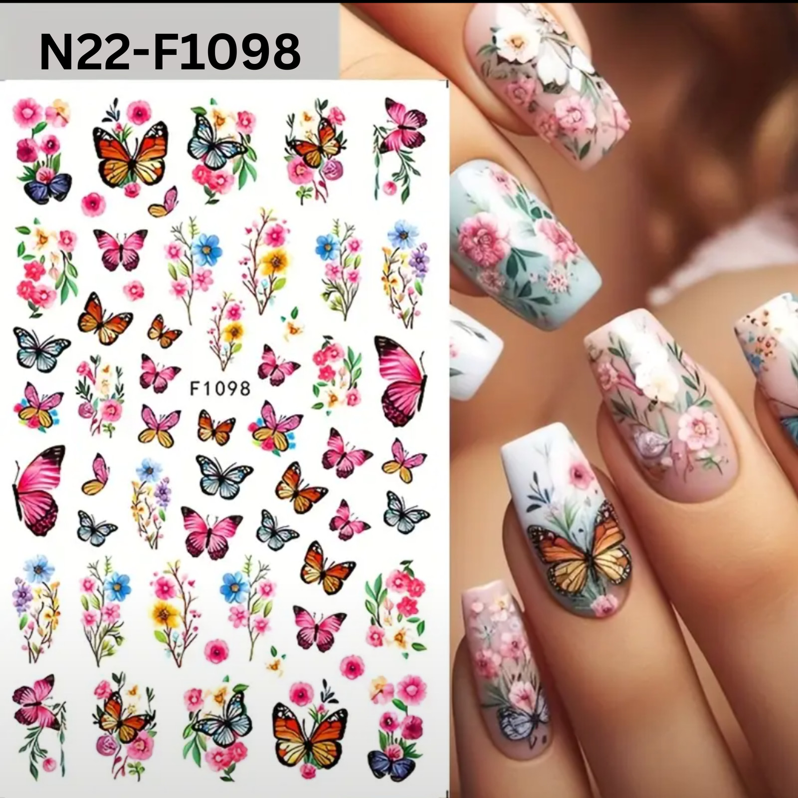 3D Spring & Summer Fresh Colorful Floral Butterfly Nail Art Stickers, Glossy Fin