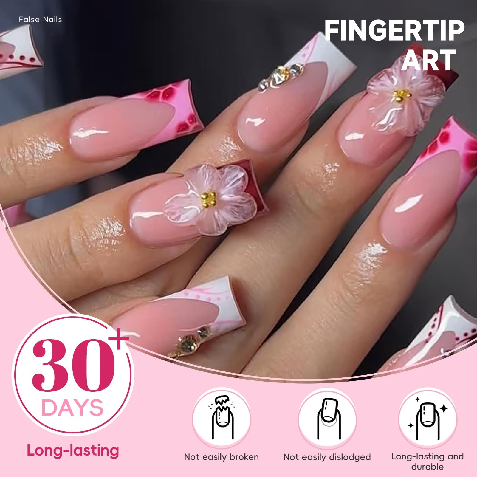 3D Sakura Pink Flower Press on Nails Medium Square, Bright Pink White Floral …