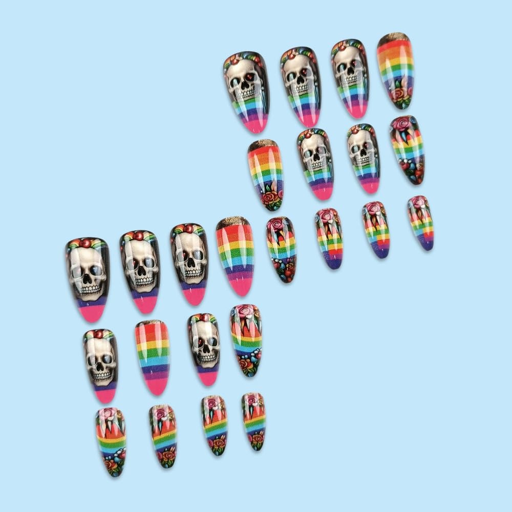 24Pcs Halloween Press on Nails Medium Almond Fake Nails Colorful Rainbow Skul…