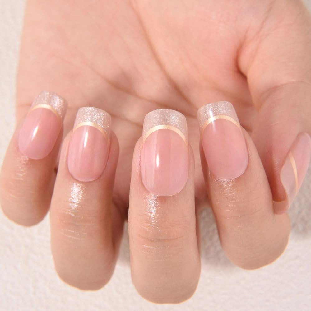 French Tip Medium Squoval (24 Count) Nude Pink + Gold Line & Cat Eye Tips