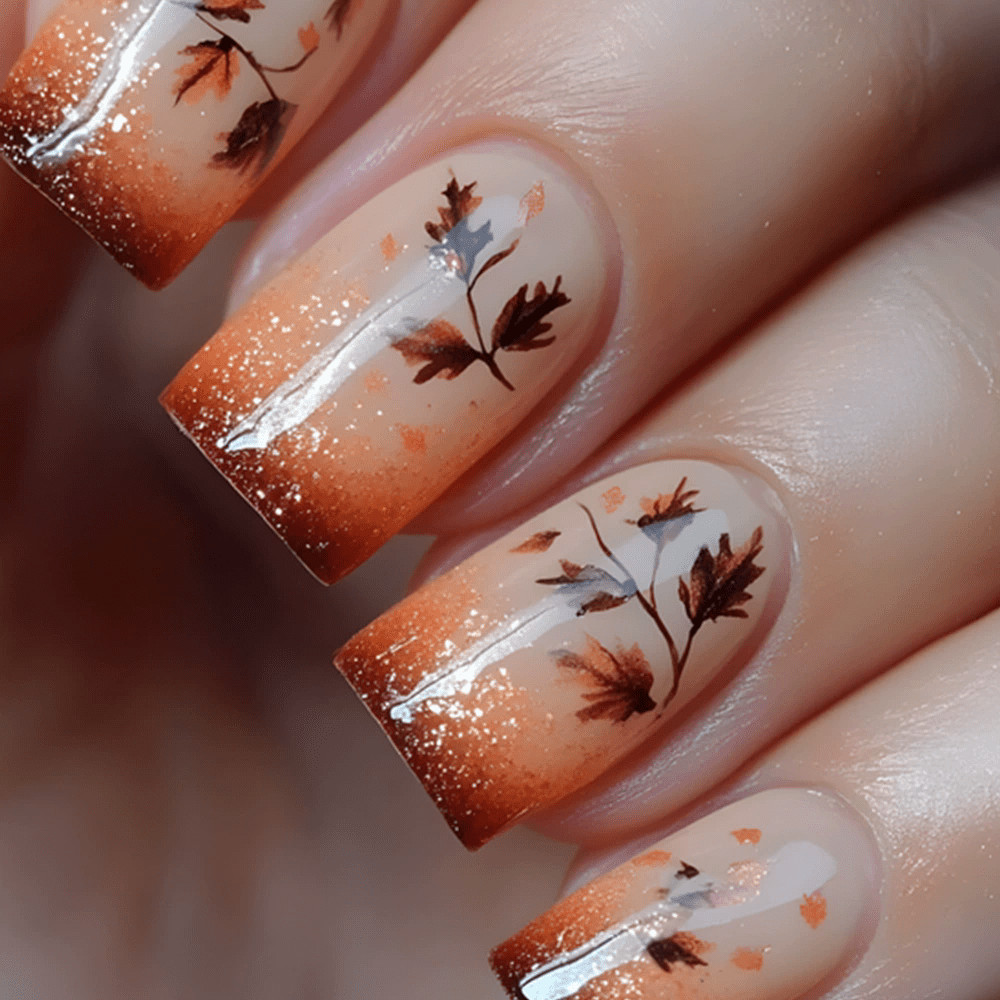 48pcs Fall Press-on Nails Autumn Leaves Pumpkin Warm Brown Glitter Fall Nails