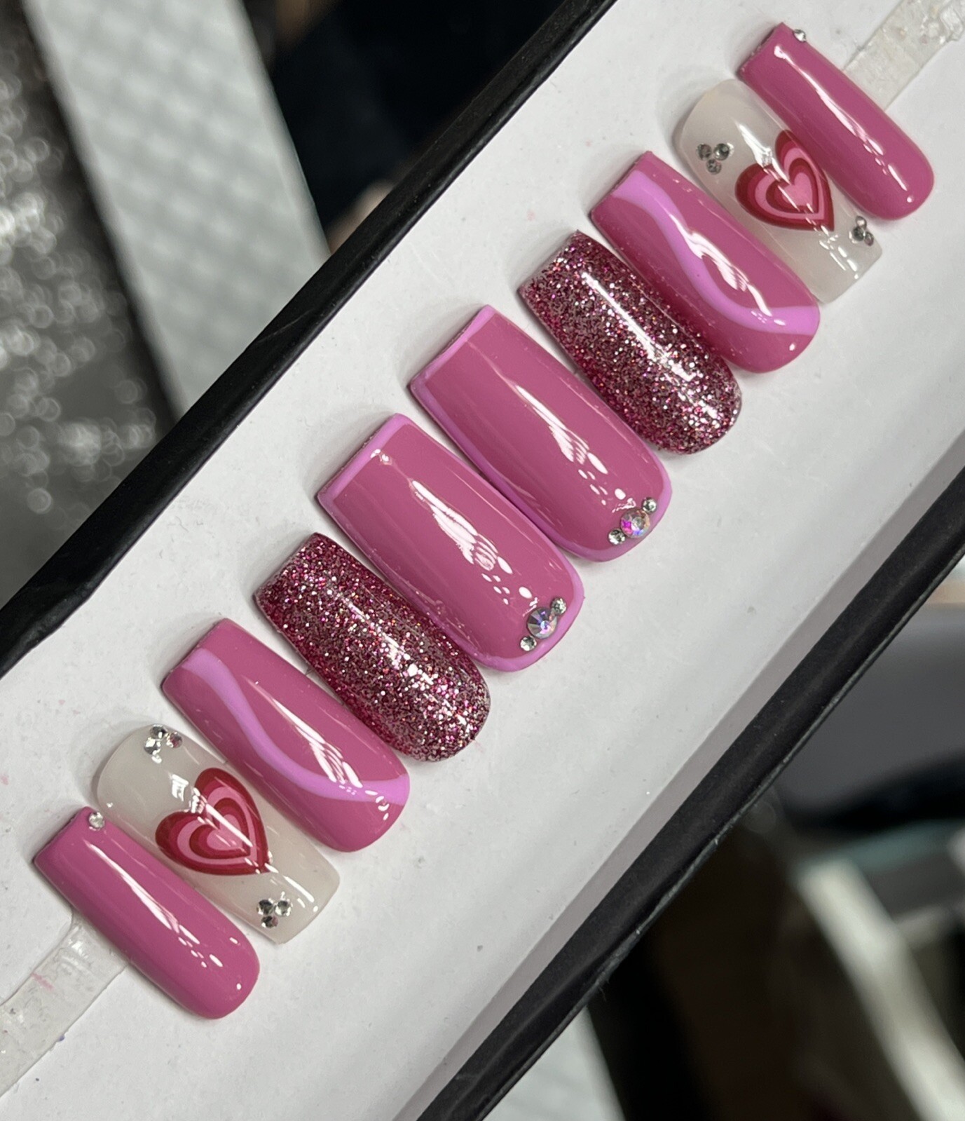 🤍 CUSTOM Hard Gel Press On Nails, Flower Pink Nude BLING 10p FULL SET W Kit