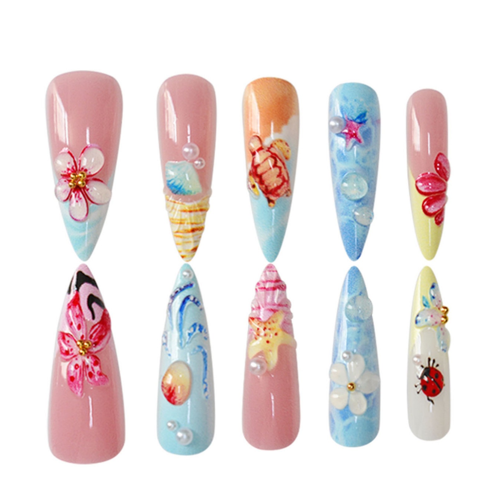 3D Ocean Almond Nails with Shell Starfish Turtle Floral Decor