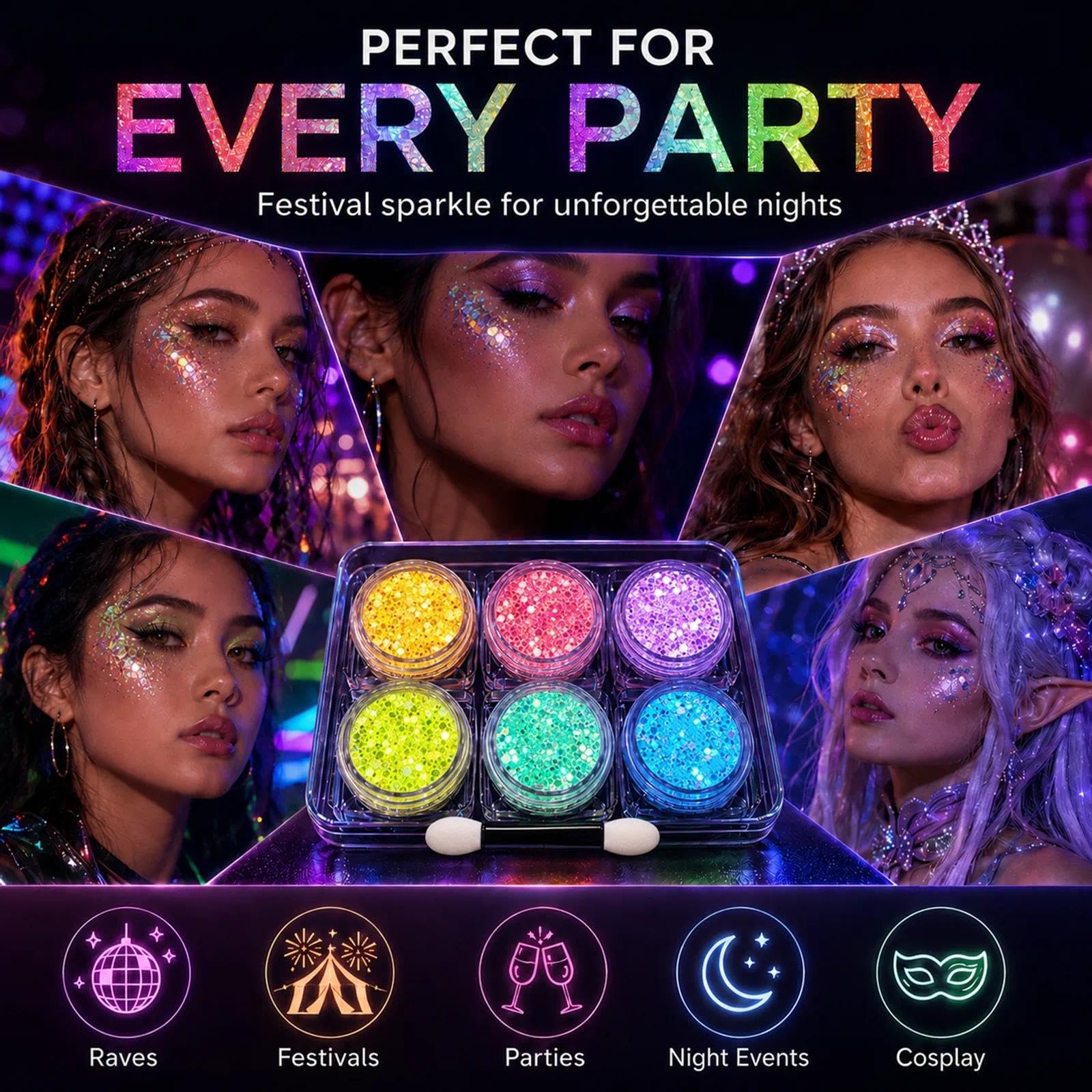 6 Colors Glow in The Dark Glitter Gel, Face & Body Glitter for Women, Neon Bl…