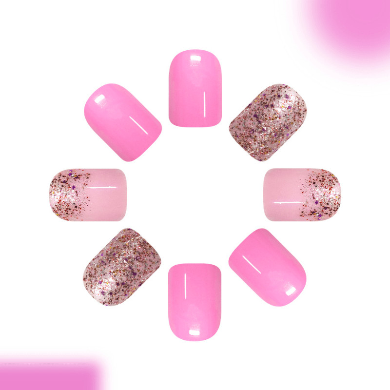 48P Short Square Press on Nails, Hot Pink Glitter Gradient Glossy Fake Nails