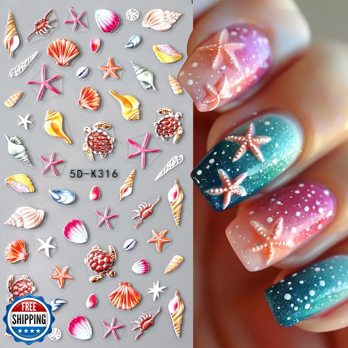2pcs Summer Nail Stickers Starfish Seashell Turtle 5D Acrylic Engraved Nail D