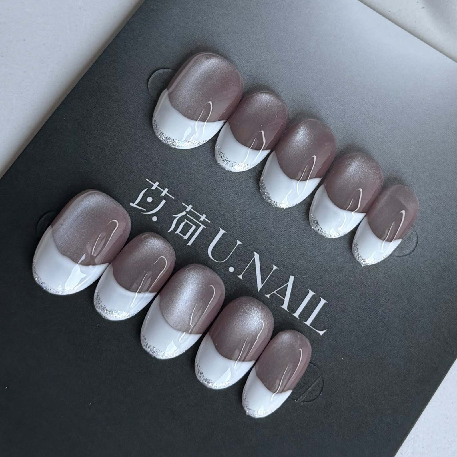 Handmade Luxury White French Tip Glitter Press-On Nails Short Oval Reusable