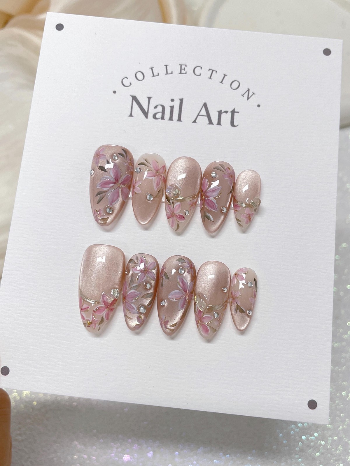 Custom Pure Handmade Nails Nude Pink Cat Eye Flower Rhinestone Gentle Manicure