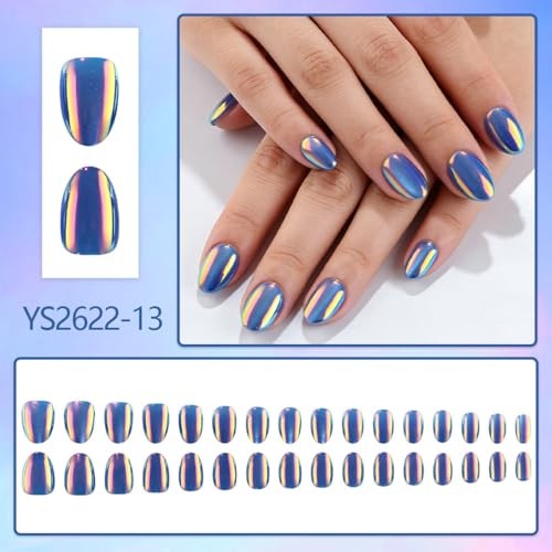 Aurora Blue Metallic Fake Nails – Oval False Short Style-21 – Metallic Finish