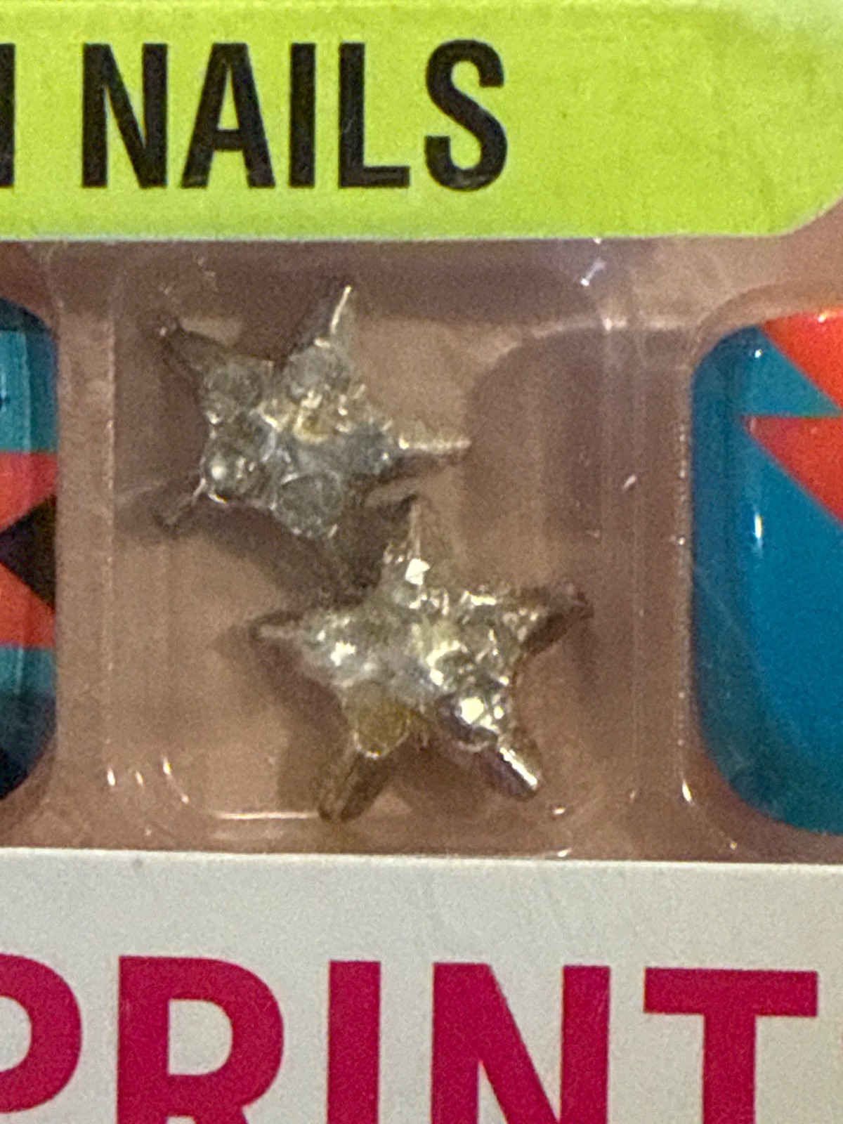 FING’RS PRINTS 24 Press-On Nails STREET BEAT Blue+Orange+ GEOMETRIC+STAR CHARMS