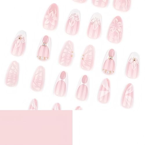 24Pcs White French Tip Press on Nails Medium Almond Fake Nails hibiscus flower