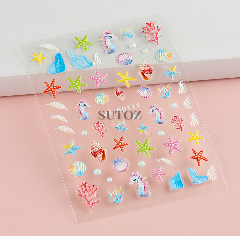Summer Ocean Dolphin Shell Star Footprint Stickers 5D Embossed Nail Art Decals
