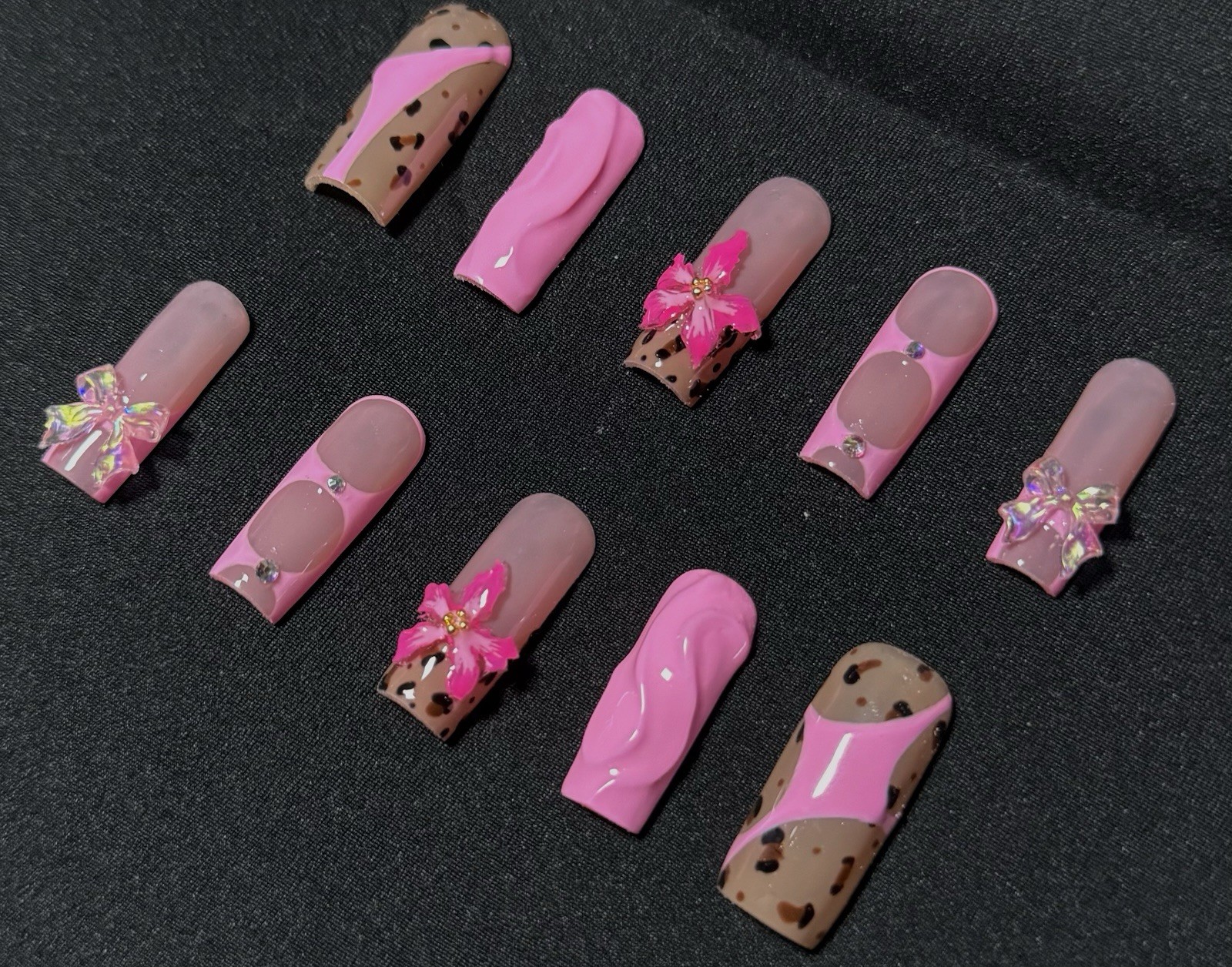 Acrylic Press-On Nails Pink Cheetah Leopard Print with 3D gel Flowers~Long