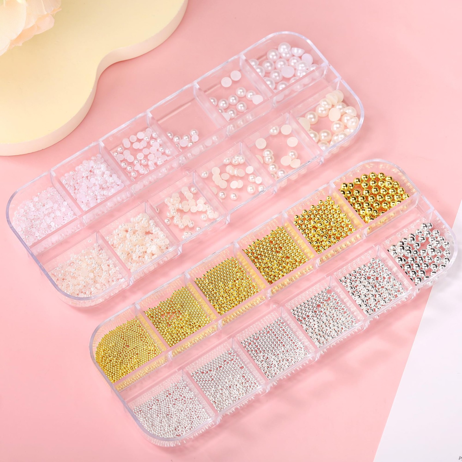 2 Boxes Flatback Pearls (White+Beige) and Silver+Gold Nail Beads for Nail Art…