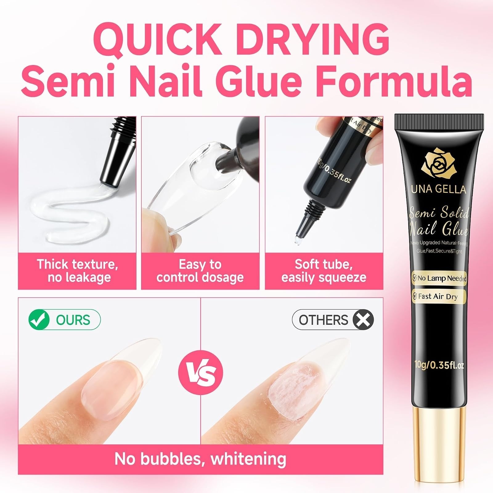 UNA GELLA No Lamp Needed Nail Glue for Press Ons 10ml 2pcs Super Strong