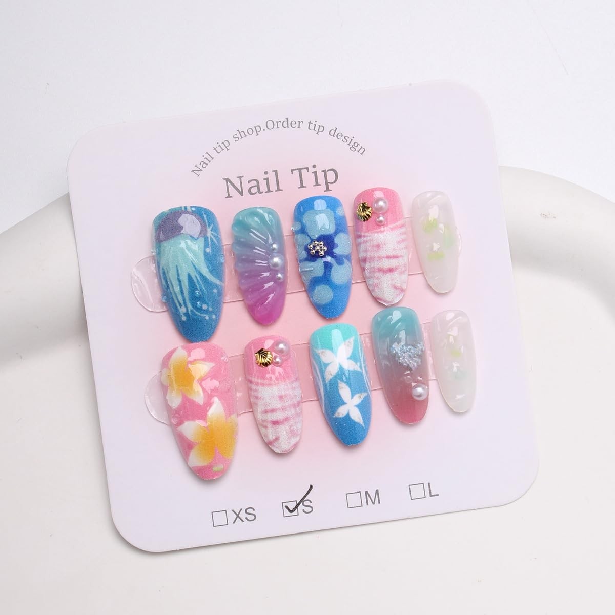 30Pcs Summer Beach Press On Nails Medium Almond Shaped Fake Nails with Jellyf…