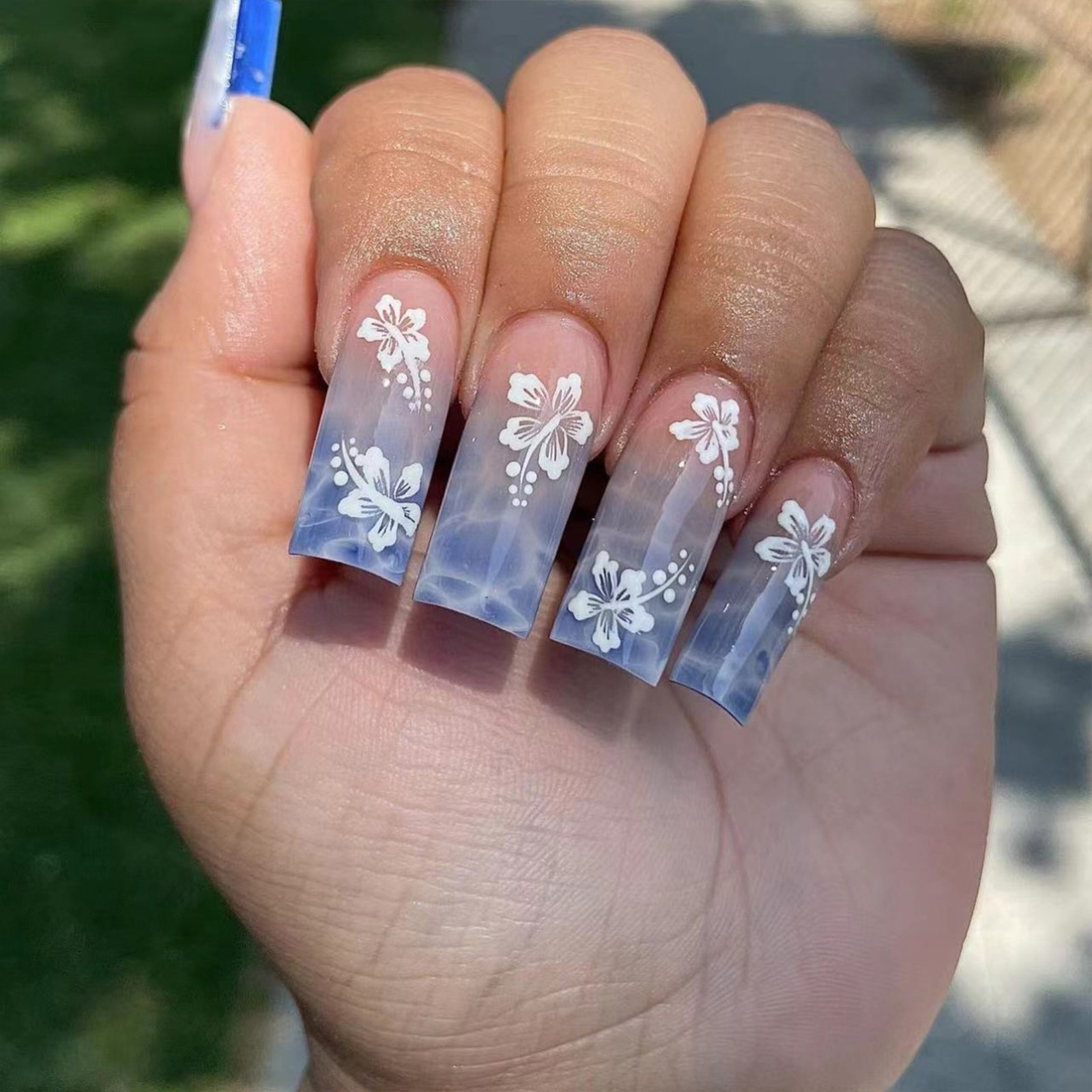 Press On Nails Blue Ombre Waves White Flower Removable Rectangle 10 Pcs
