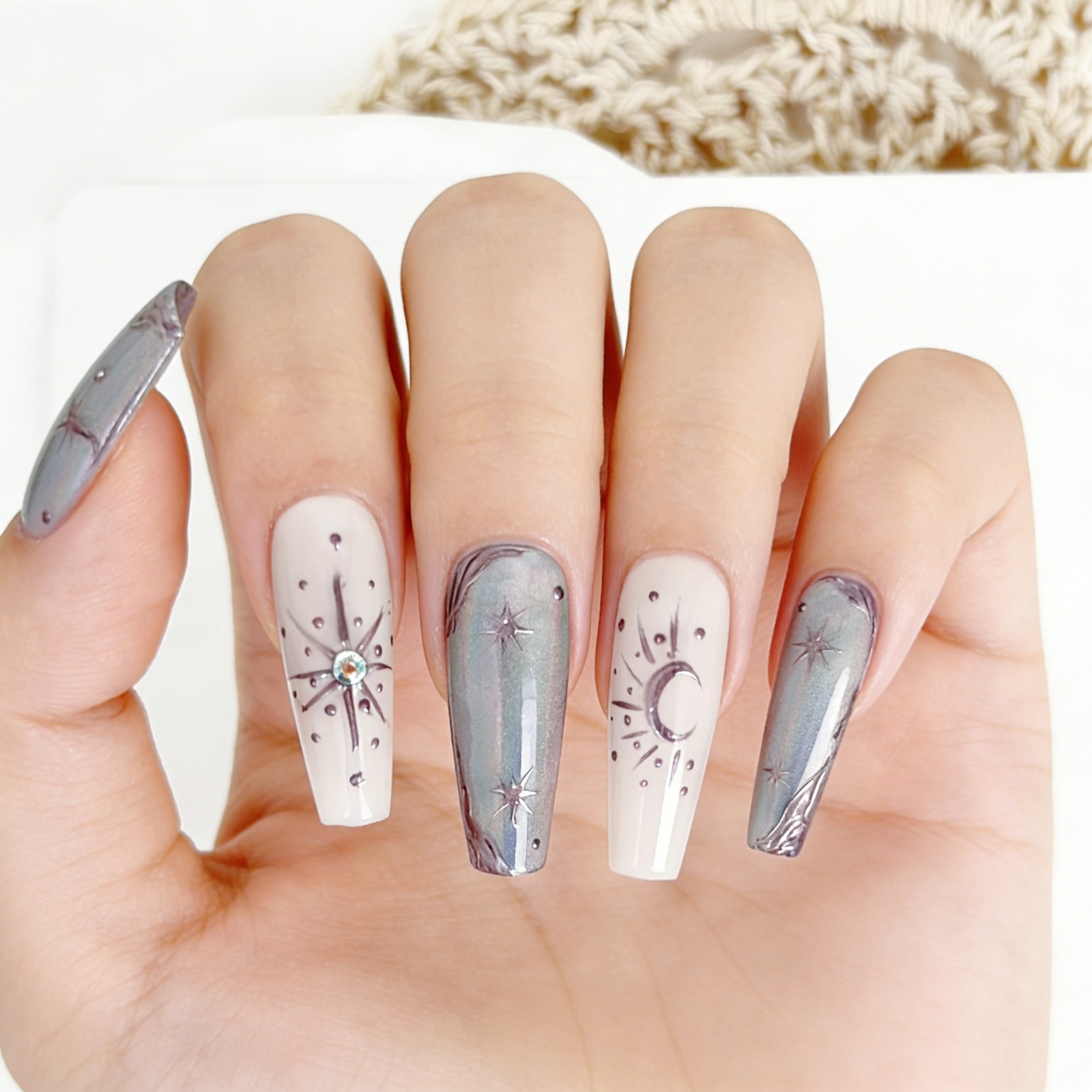 Futuristic Silver Gray Diamond Thorn Coffin Press-On Nails with Metal Details