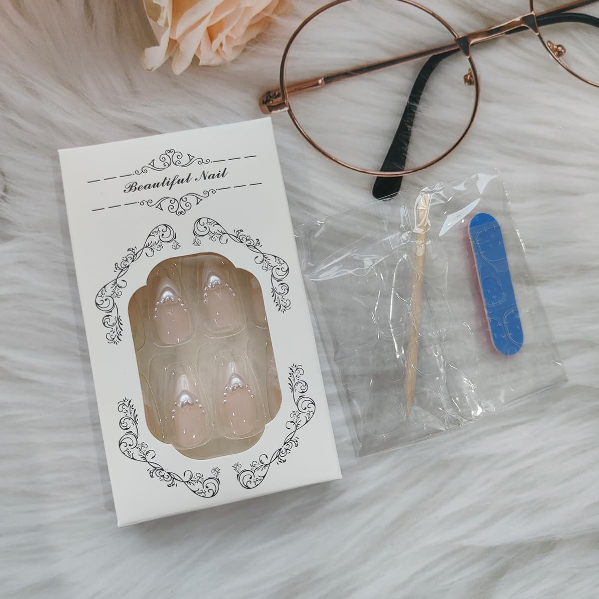 French Tip Press on Nails Almond, French Fake Nails with 3D Bow Pearl Heart D…