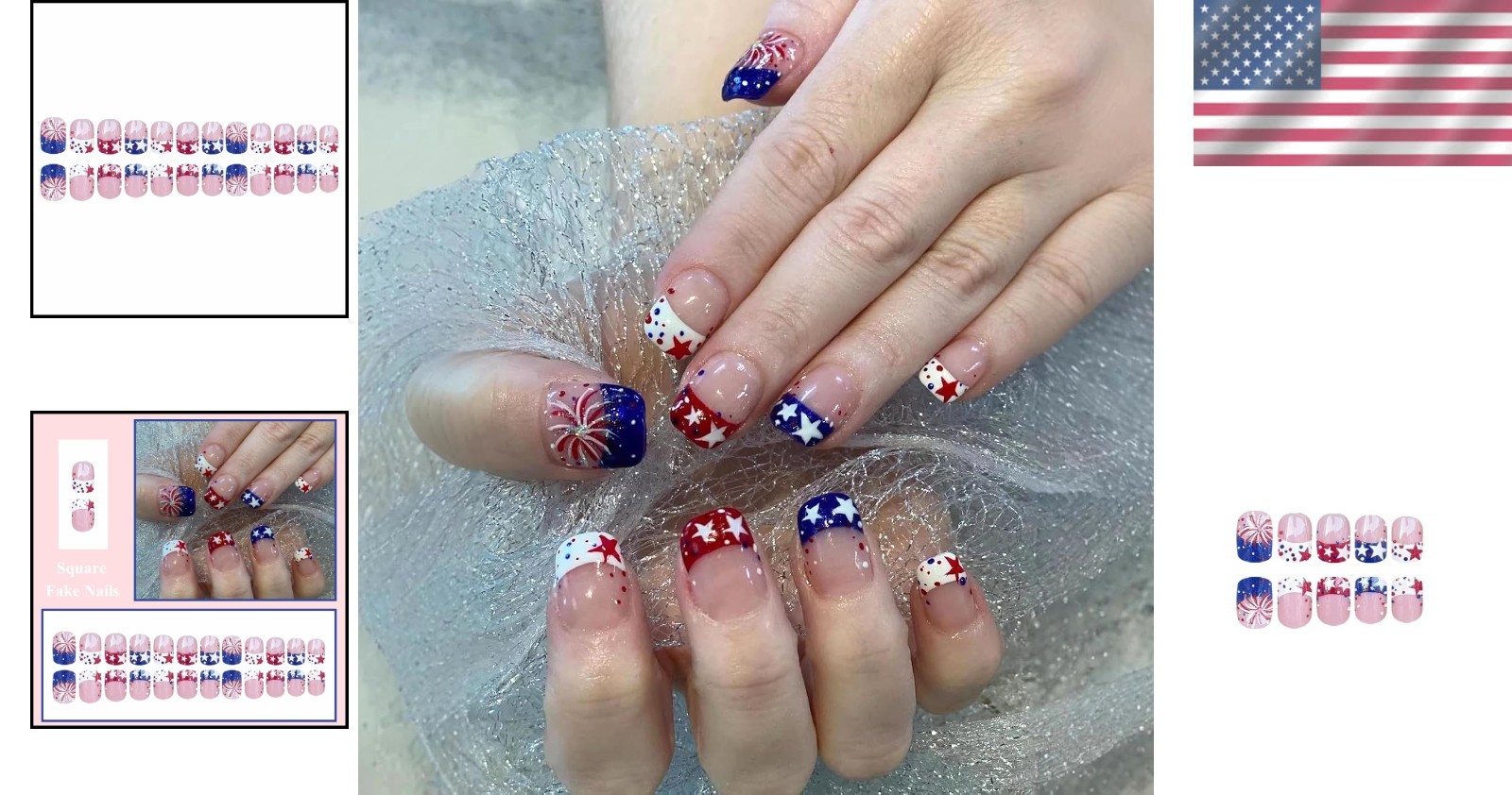 Acrylic Short Square Fake Nails Set – 4th of July French Tip Design (24 Pcs)
