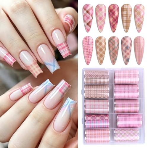 10 Rolls Plaid Nail Art Transfer Foil Checkered Designs Holographic Pink Plaid