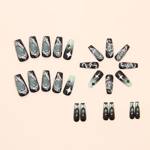 24Pcs Square Press on Nails Medium Punk Fake Nails Green Punk Nails Medium-24