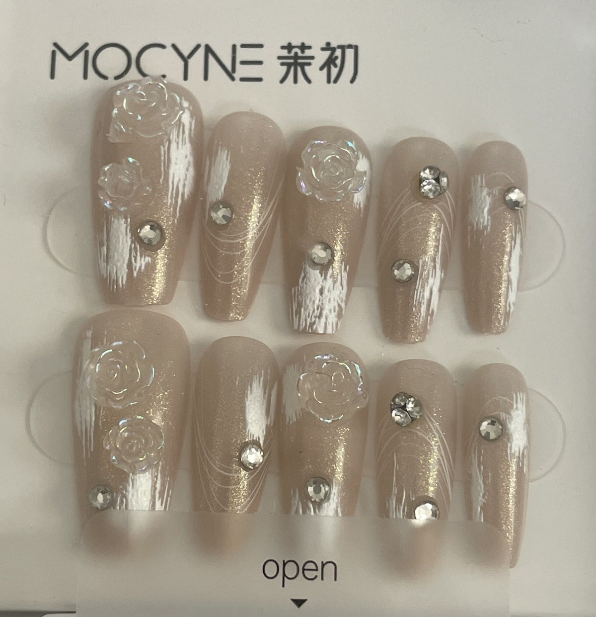 12 MOCYNE Long Nail Sets – Rose Crystals – Black Tuxedo Stars – Silver Hearts