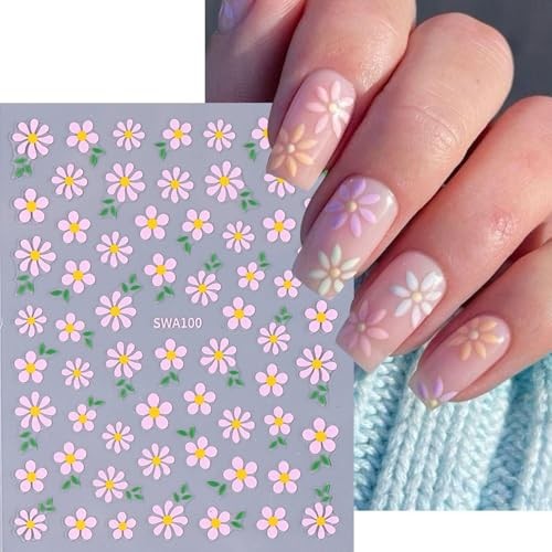 Nail Art Stickers – Small Floral Nail Decals 3D Self-Adhesive Nail White Daisy