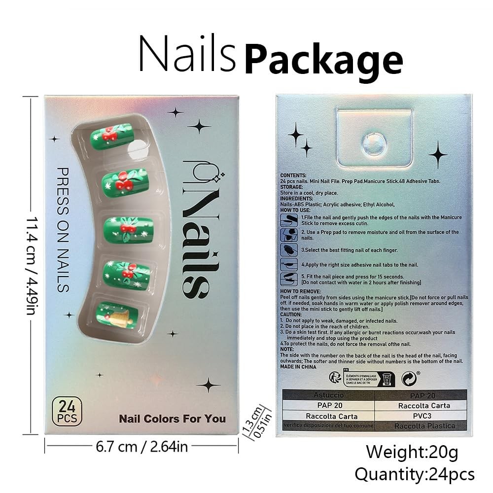 Christmas Press on Nails Short Square Glue on Nails with Holly Fruit Design C…