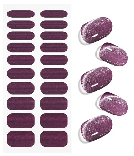 Gel Nail Stickers Deep Purple Cat Eye Semi Cured Gel Nail Strips Wraps UV/LED