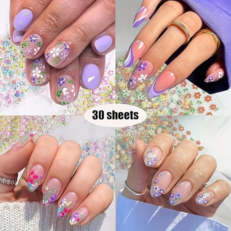 30 Sheets Flower Nail Stickers Colorful 3D Self Adhesive Cute Daisy Floral Nail