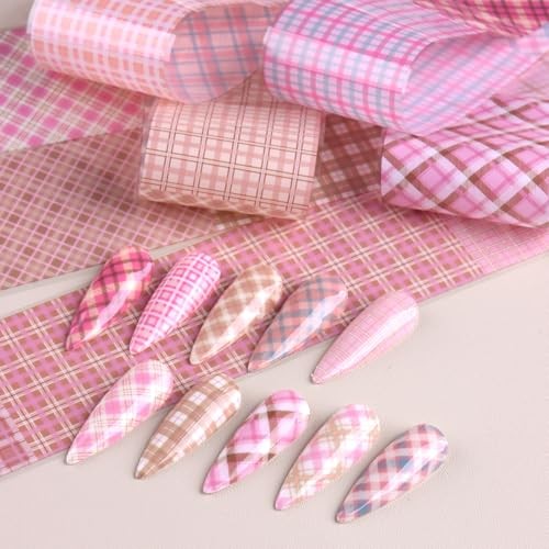 10 Rolls Plaid Nail Art Transfer Foil Checkered Designs Holographic Pink Plaid