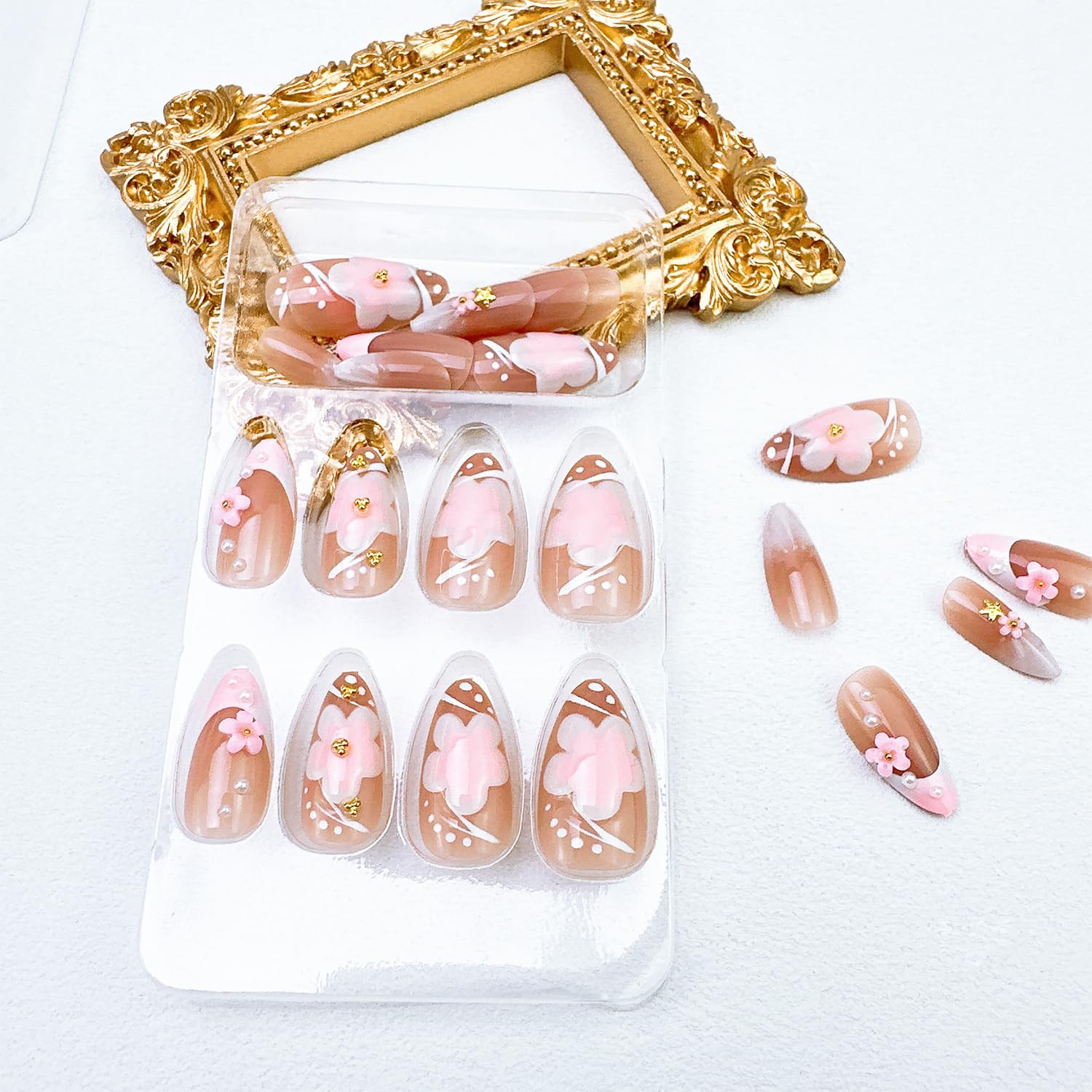 24Pcs White French Tip Press on Nails Short Almond Fake Nails with 3D Pink Flowe