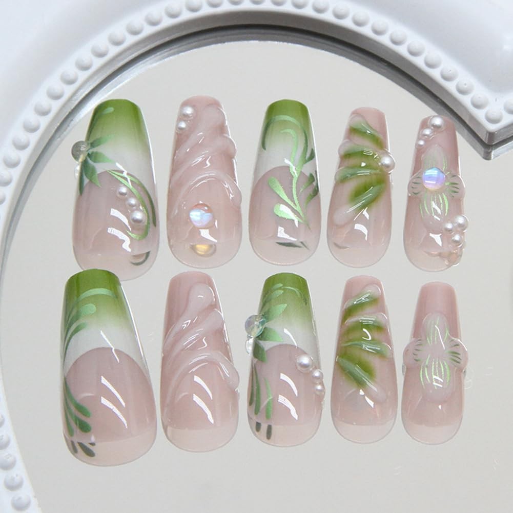 Nails Press on, Coffin Press on Nails Medium Girls Fake Nails with Green Vine…