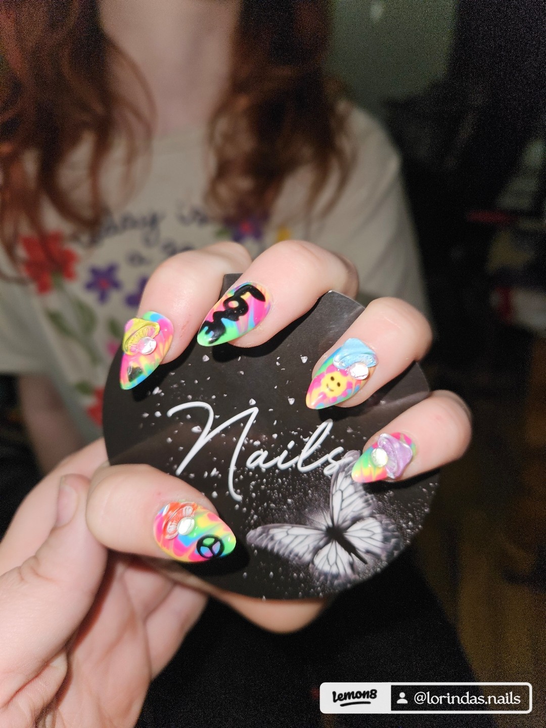 Short Almond Press-On Nails, Multicolor, Custom, Tye Dye, Smileys Theme