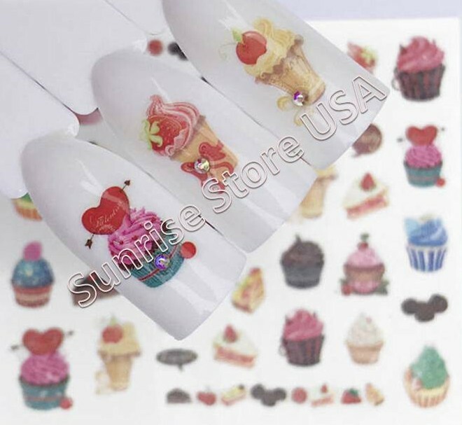 Nail Art Water Transfer Sticker Cake Cupcake Cherry Fruit Flower Decals Manicure