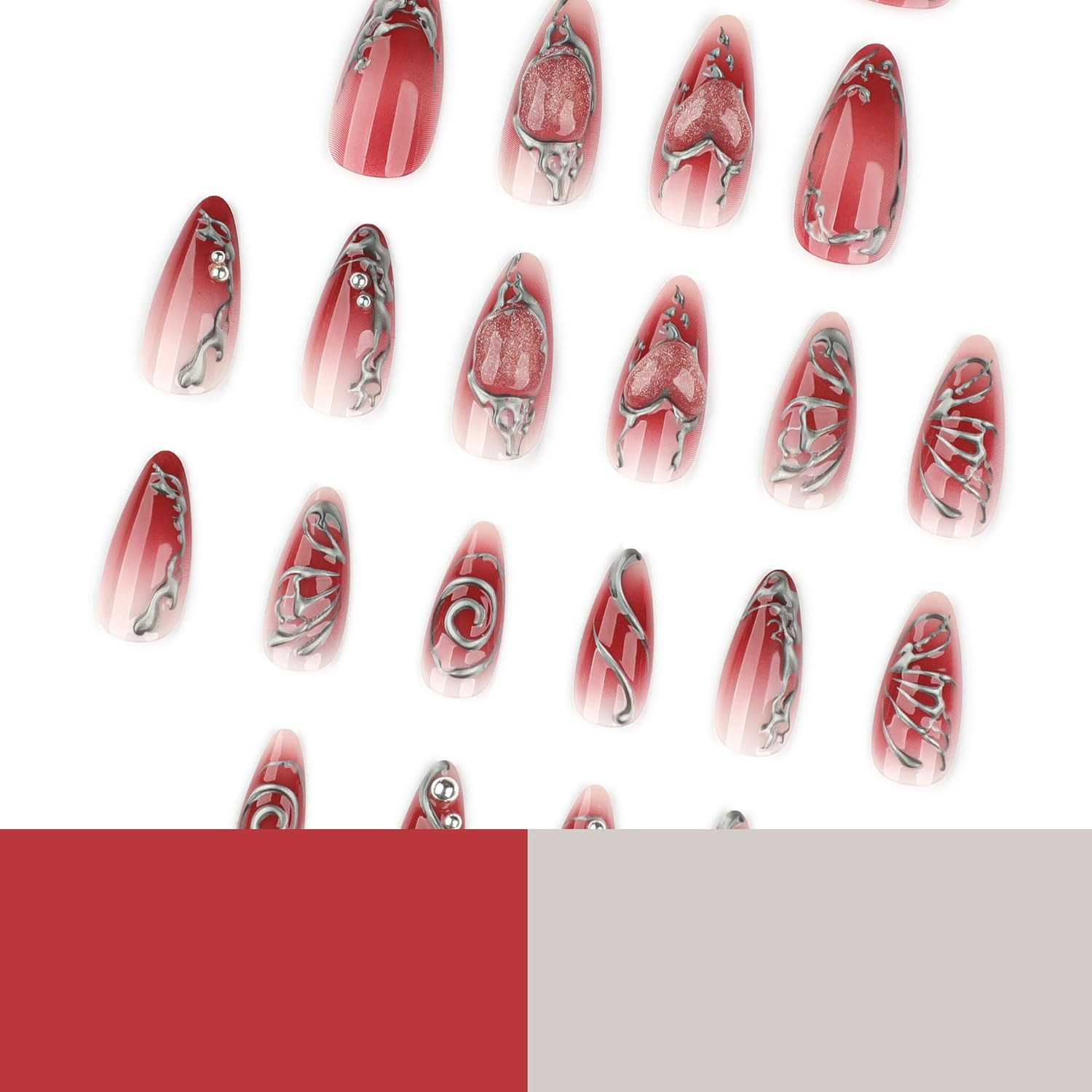 24Pcs Red Y2K Press on Nails Medium Almond Fake Nails Gothic Heart Butterfly Pun