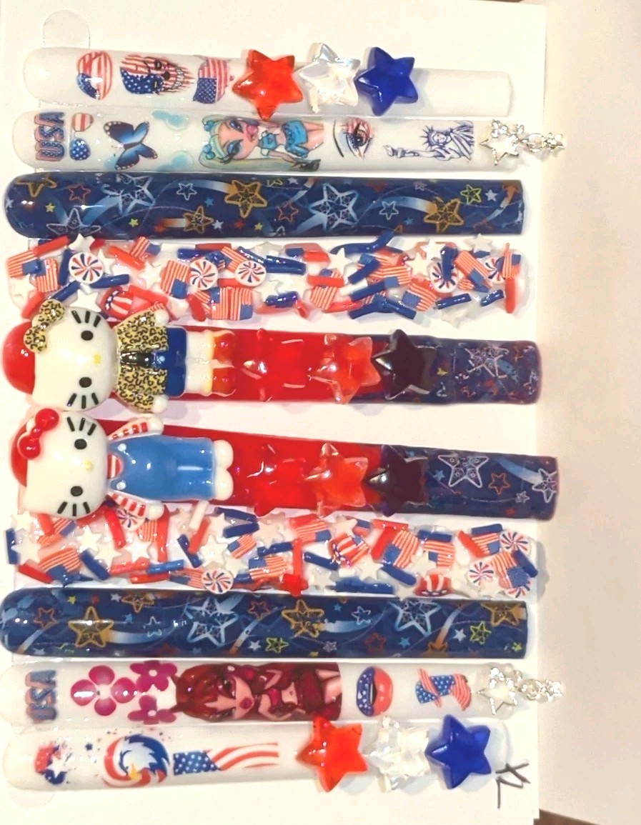 Hand Crafted Patriotic 6Xl Press-On Nails Set — Red,White & Blue Stars SZ XL