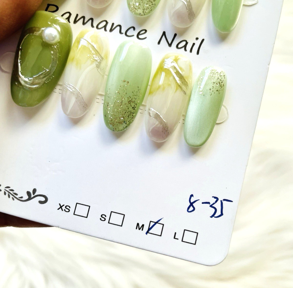 Green Silver Pearl Cateye Premium Press On Nails Size Medium, Long Length Almond