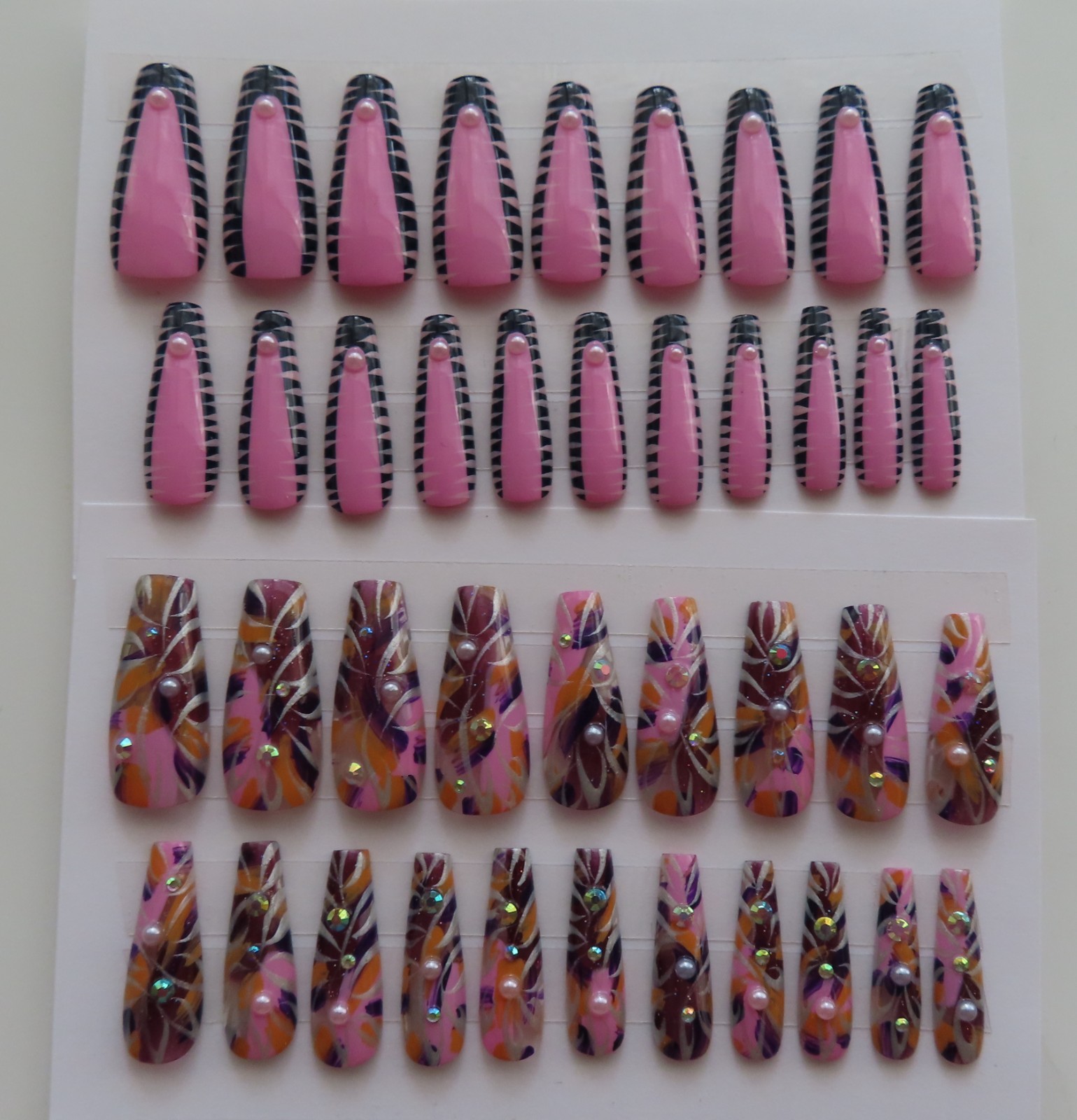(2) Set Pink Blue French Pearl Tip | Pink Pearl Abstract Coffin Press-On Nail
