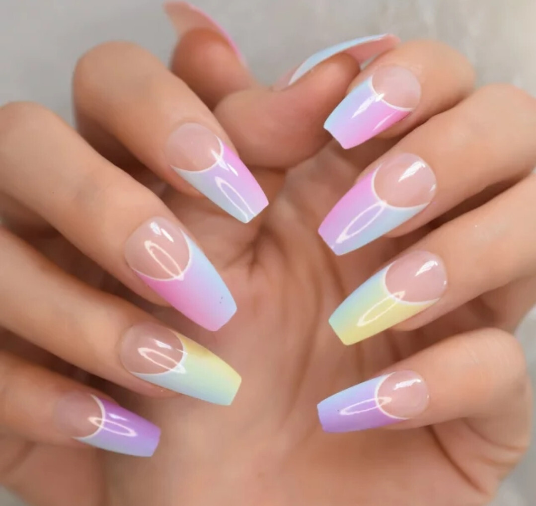 24 Medium Press on nails kit w glue rainbow ombre french clear