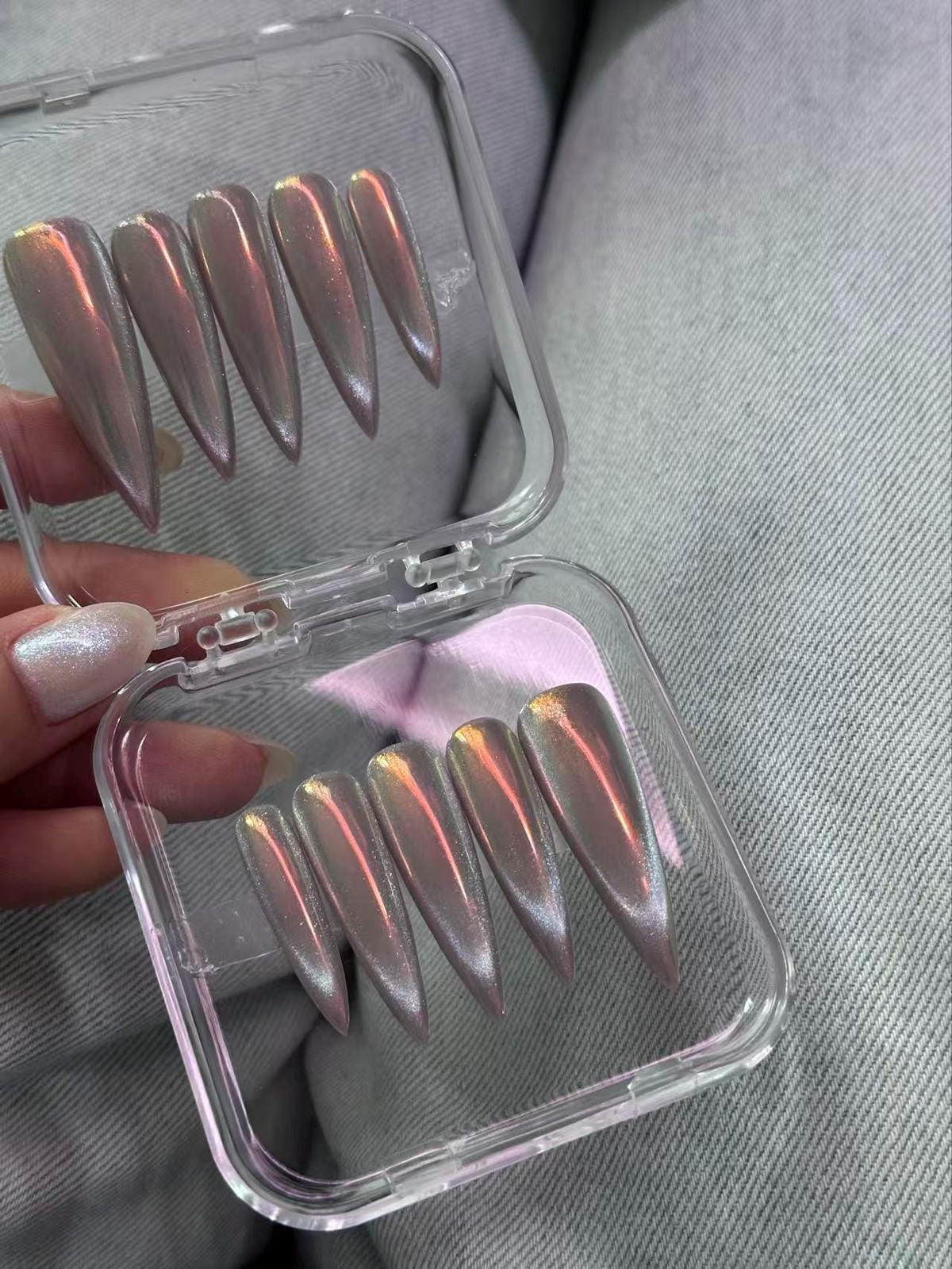 Custom Handmade Silver Holographic Chrome Long Stiletto Press on Nails