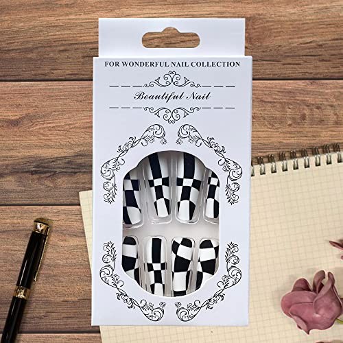 24Pcs Coffin Press on Nails Long White Fake Nails with Nail Glue Glossy Black