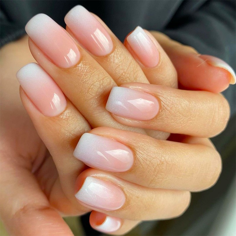 Pink Ombre Short Square Press On Nails 24Pcs Reusable Acrylic False Nails