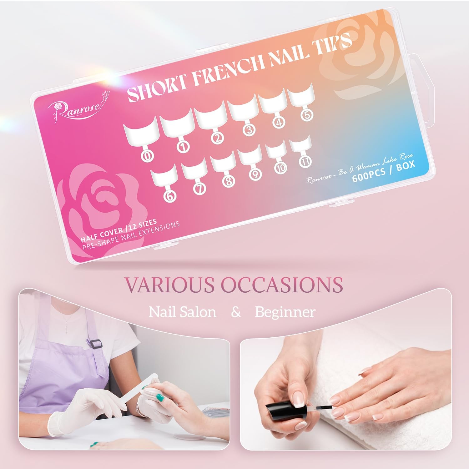 Ranrose 600PCS 600 Piece Assortment, 600pcs White Short French Nail Tips