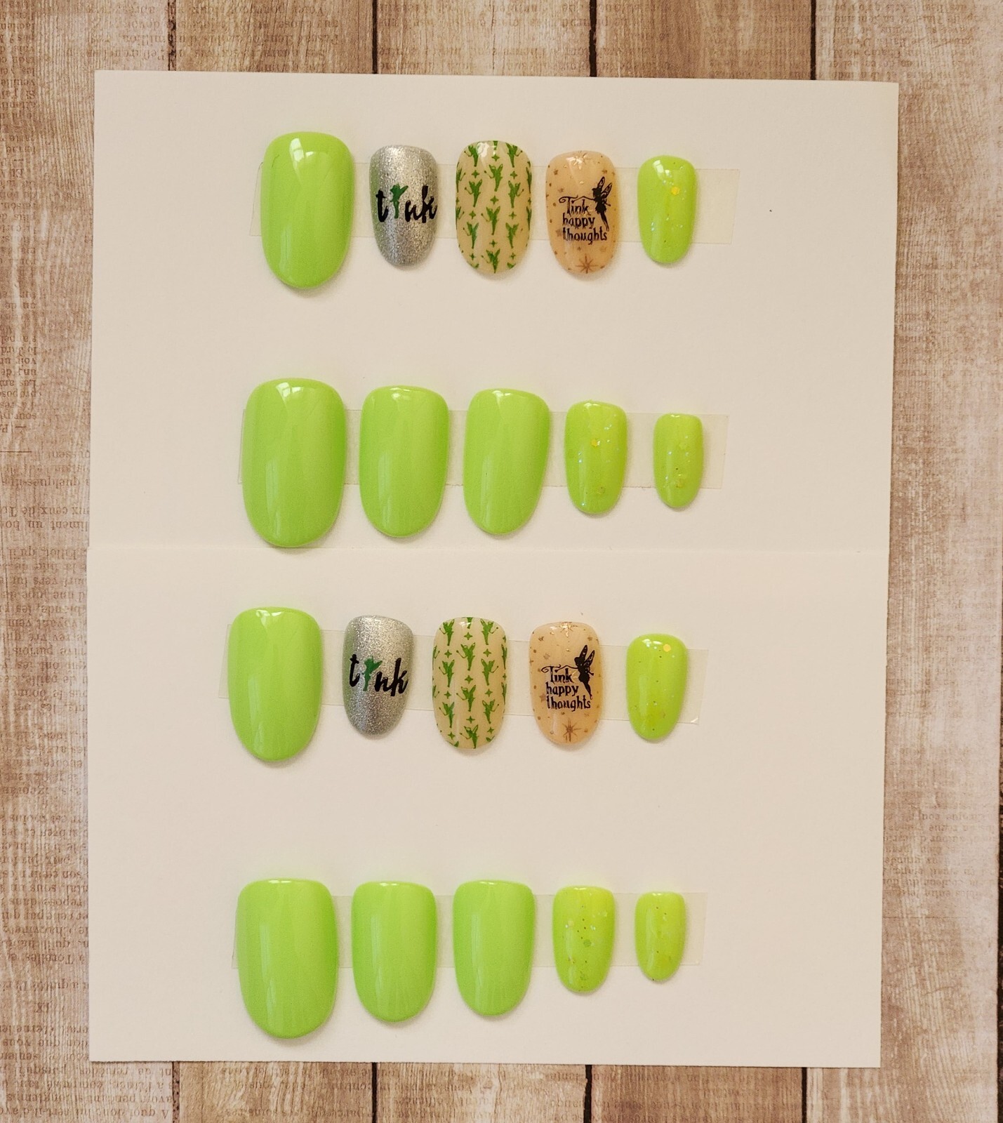Custom Press On Handmade Gel Nails Green Tinkerbell Accent Oval Short 20 Tips